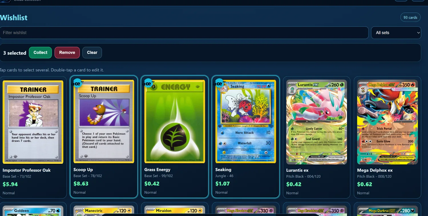 PokeMation card wishlist interface
